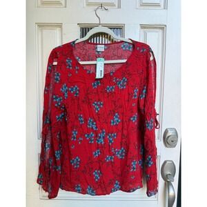 Kaileigh Roselia Cold Shoulder Top Red Tie Long‎ Sleeve Shirt Floral Size Medium